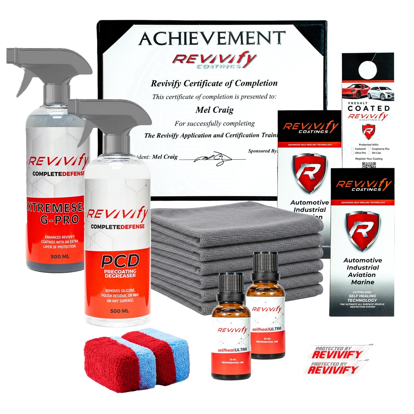 The Revivify Starter Kit — coatings, PCD, G-Pro, applicators, microfiber towels, and certificate of completion